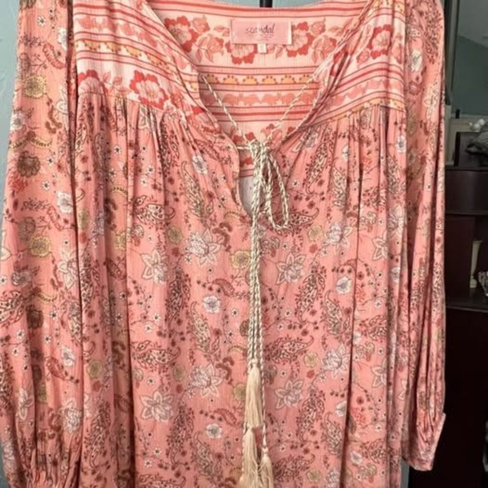 Scandal Italy Hera Peach Floral Paisley Boho Top Tassel Peasant Tunic Size L EUC